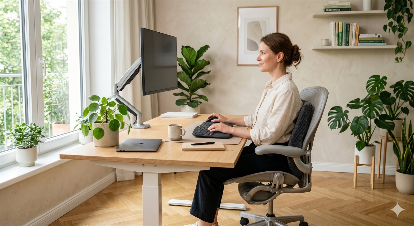 Poste de travail ergonomique pour soulager le mal de dos au bureau : chaise ergonomique, bureau assis-debout, ecran a hauteur des yeux